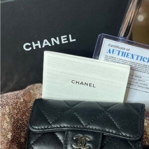 CHANEL BLACK QUILTED LEATHER KEY FOB WITH COA